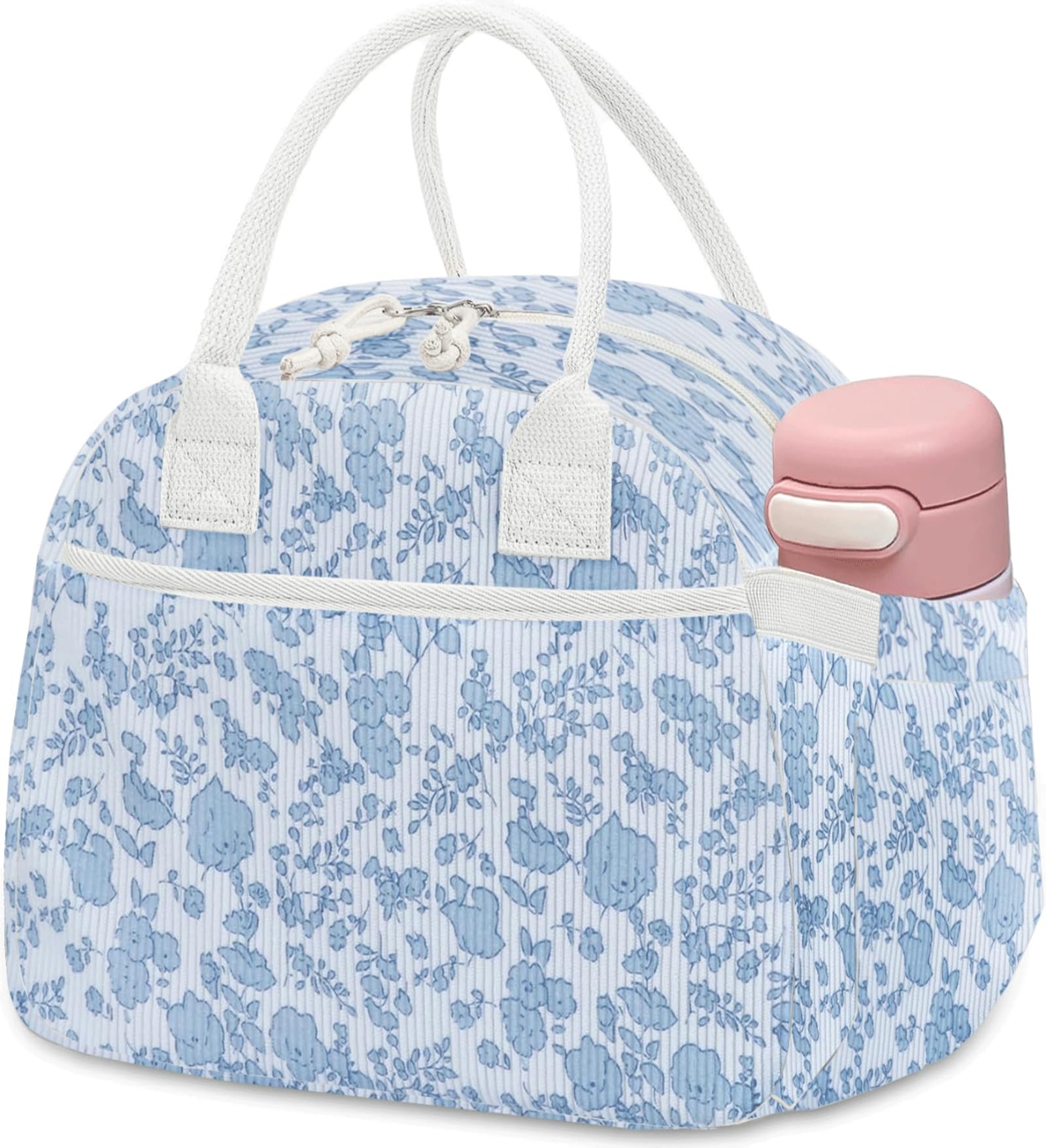 Carry bloom corduroy lunch bag with front pocket for cutlery and organization.