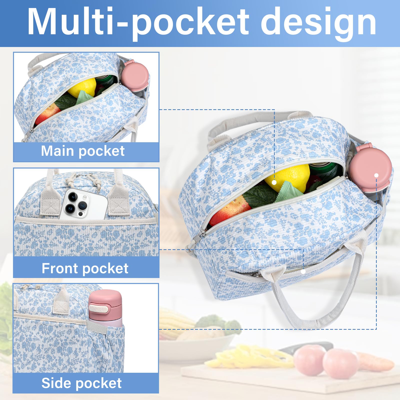 Carry bloom corduroy lunch bag large capacity for lunch containers and snacks.