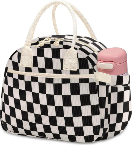Carry Bloom corduroy lunch bag front view showing soft texture and easy transport