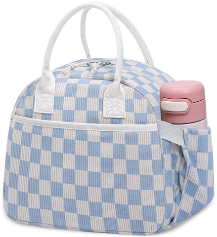 Carry bloom lunch box with corduroy checkered pattern and front pocket for utensils