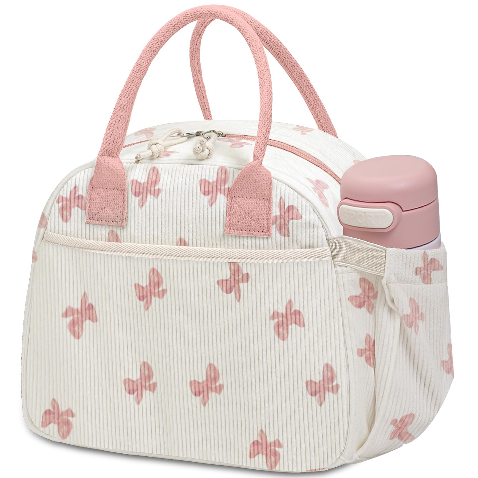 Carry bloom bow pink lunch box with corduroy exterior and front zipper pocket.
