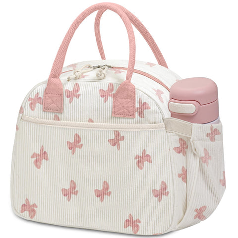 Carry bloom bow pink lunch box with corduroy exterior and front zipper pocket.