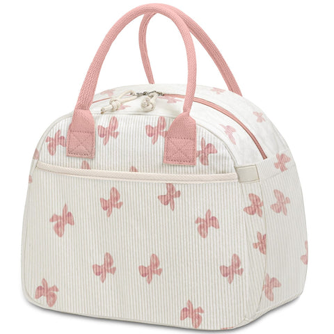 Carry bloom bow pink gift-ready lunch bag for work, travel, or picnics.
