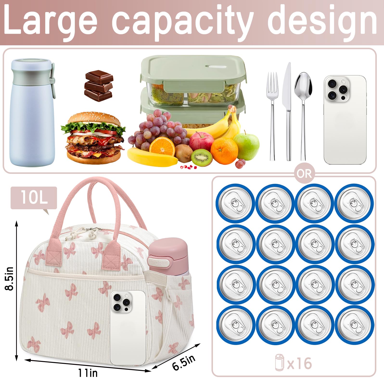 Carry bloom bow pink insulated interior keeps meals warm or cool.