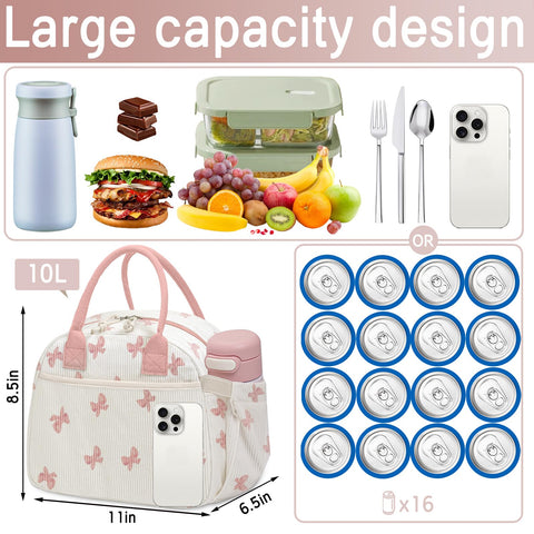 Carry bloom bow pink insulated interior keeps meals warm or cool.