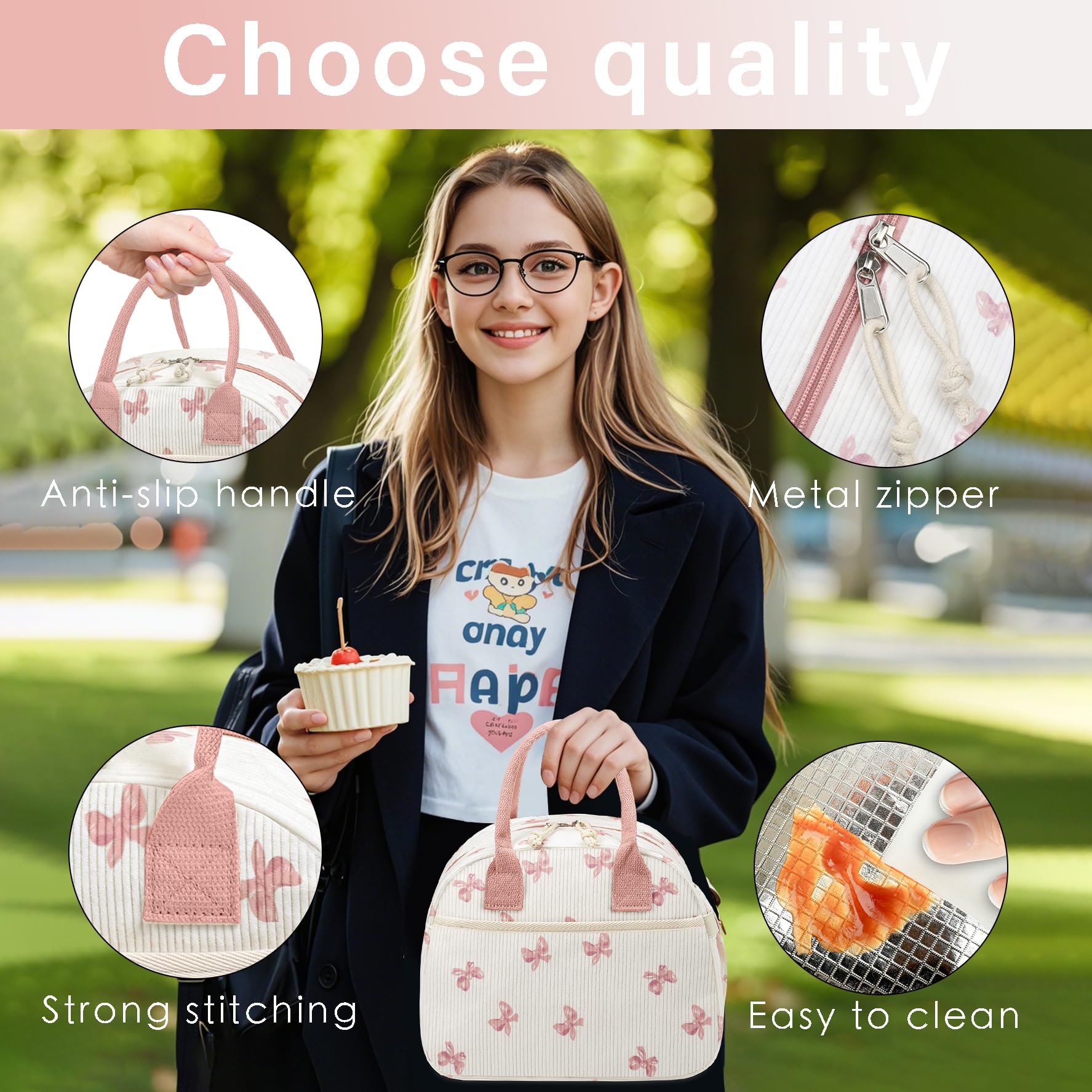 Carry bloom bow pink lunch bag with reinforced handle for daily comfort.