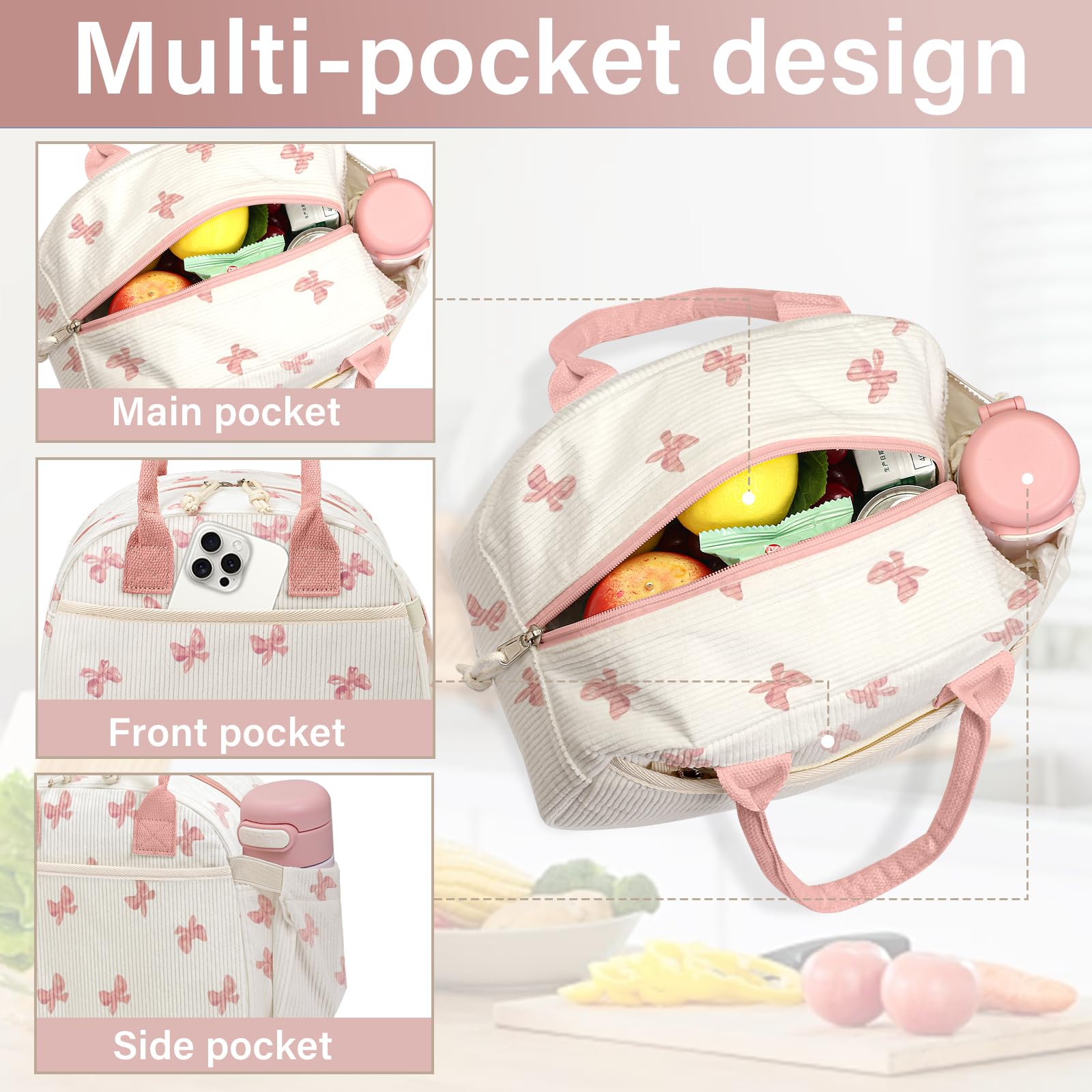 Carry bloom bow pink side pocket holds drinks or water bottles.