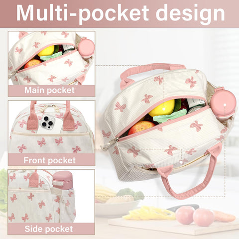 Carry bloom bow pink side pocket holds drinks or water bottles.