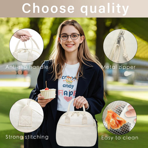 Carry bloom lunch bag waterproof corduroy exterior stays protected.