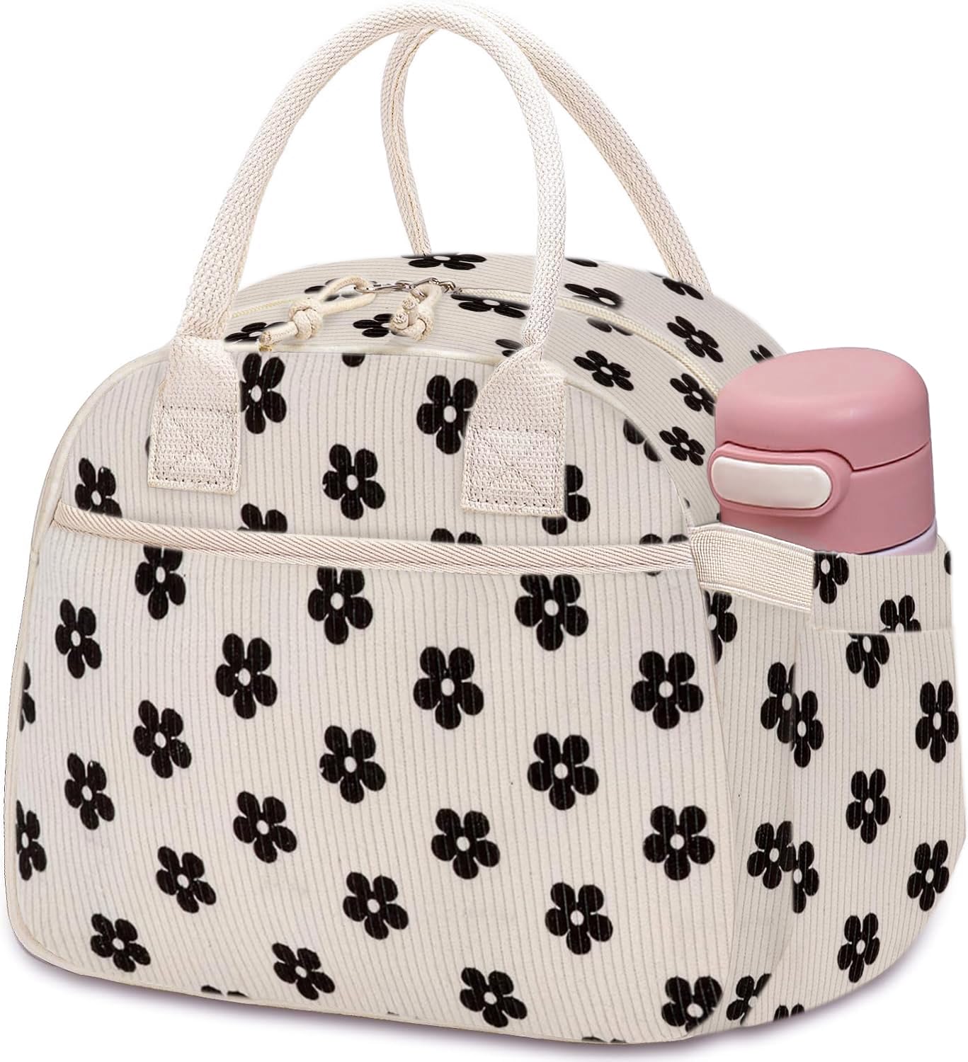 Carry bloom lunch box with corduroy front pocket for easy cutlery transport at work.
