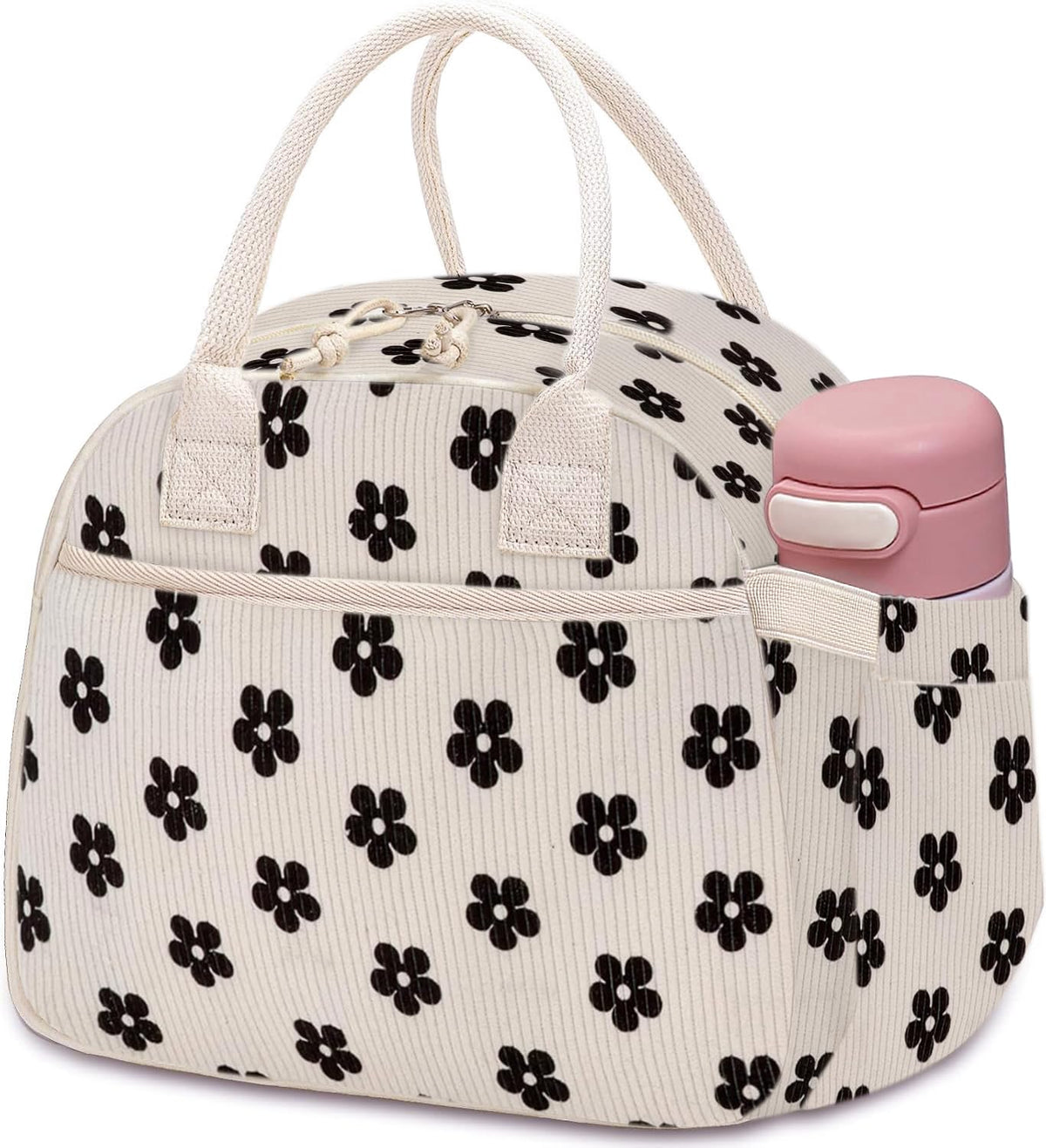 Carry bloom lunch box with corduroy front pocket for easy cutlery transport at work.