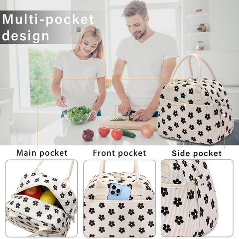 Carry bloom lunch bag corduroy side pocket holds drinks or water bottles.