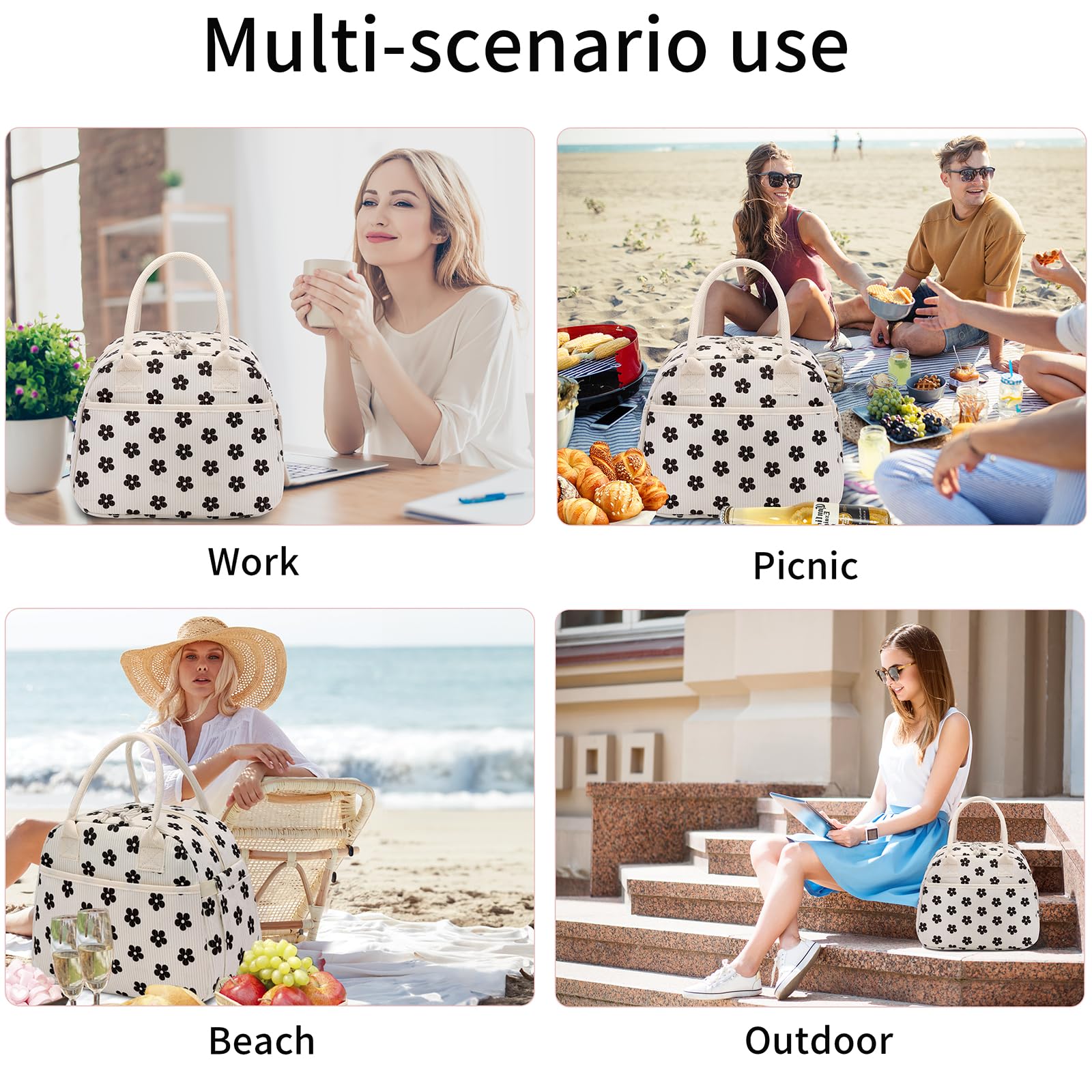 Carry bloom large-capacity lunch bag fits containers, sandwiches, and snacks.