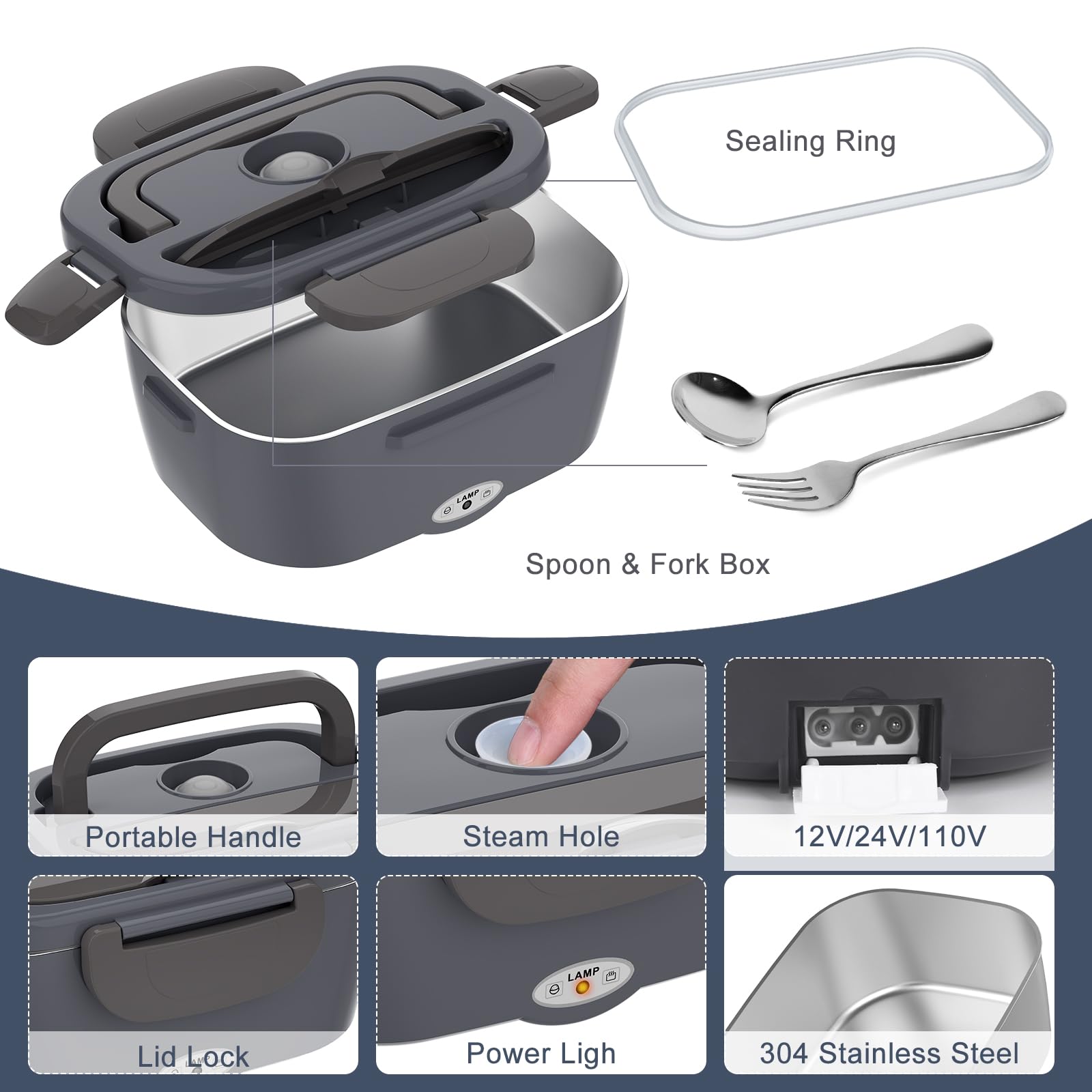 Carsolt electric lunch box leak-proof lid with snap seal for spill-free use in a car.