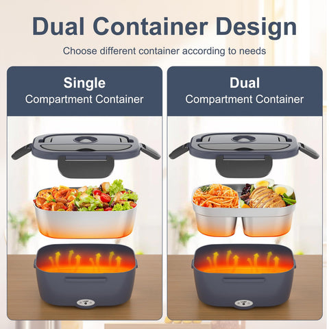 Two removable stainless steel containers for Carsolt lunch box with options for single and dual compartments