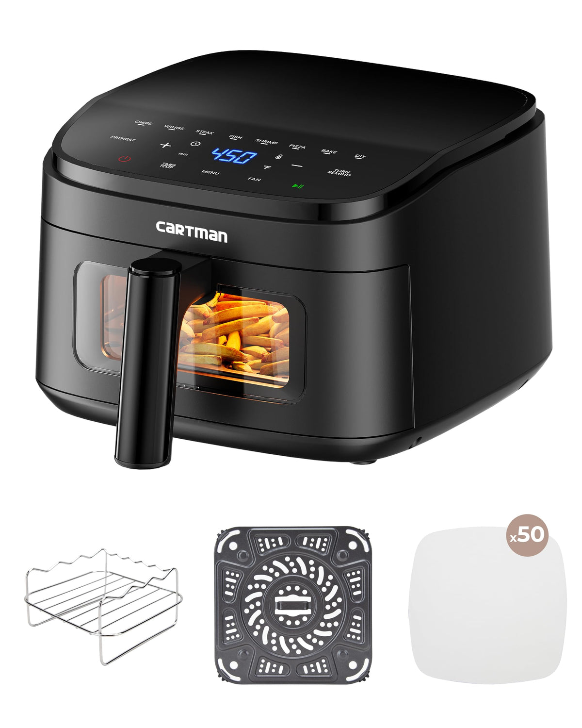CARTMAN 4QT compact air fryer shown under cabinet for space-saving kitchen setup.