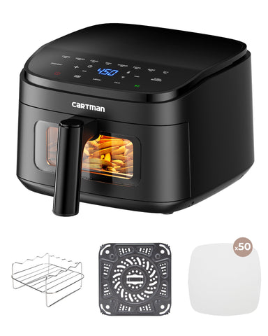 CARTMAN 4QT compact air fryer shown under cabinet for space-saving kitchen setup.