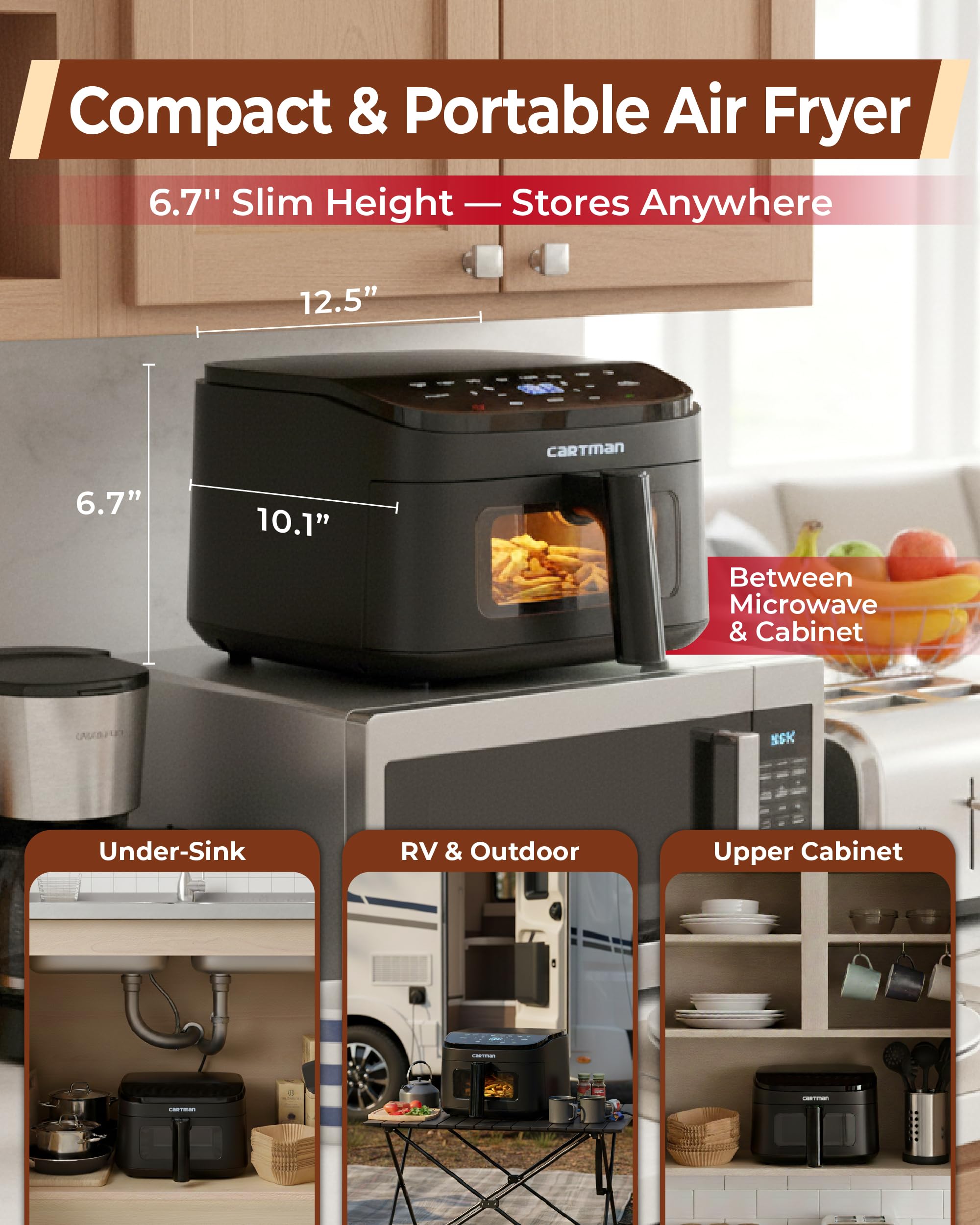 CARTMAN air fryer viewing window lets you monitor progress without opening and preserves heat.