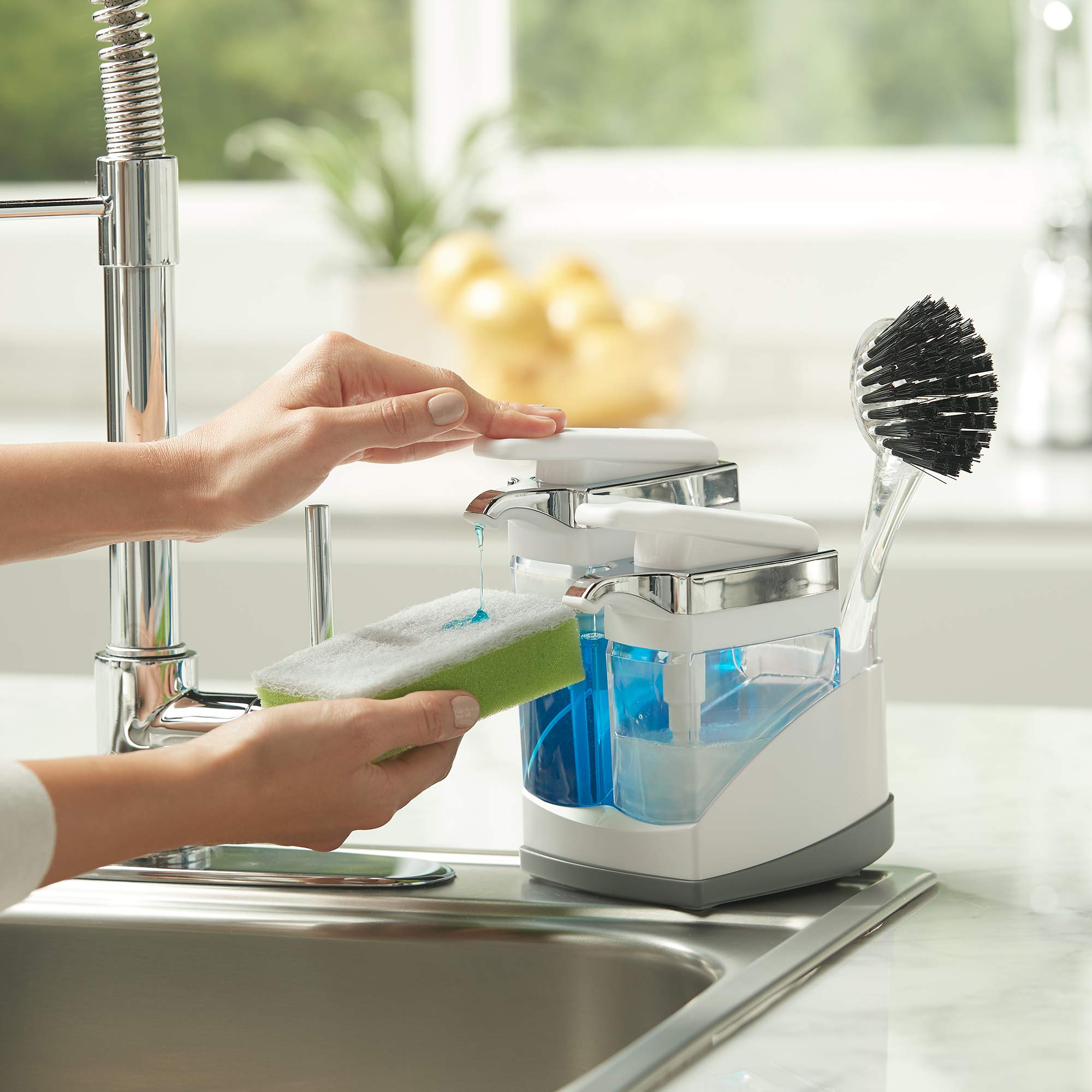 Casabella Sink Sider Duo sponge compartment keeps tools organized.