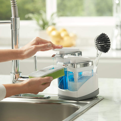 Casabella Sink Sider Duo sponge compartment keeps tools organized.