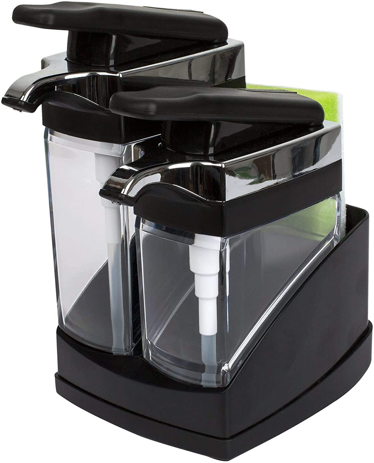 Casabella Sink Sider Duo front view with dual pumps in black and chrome.