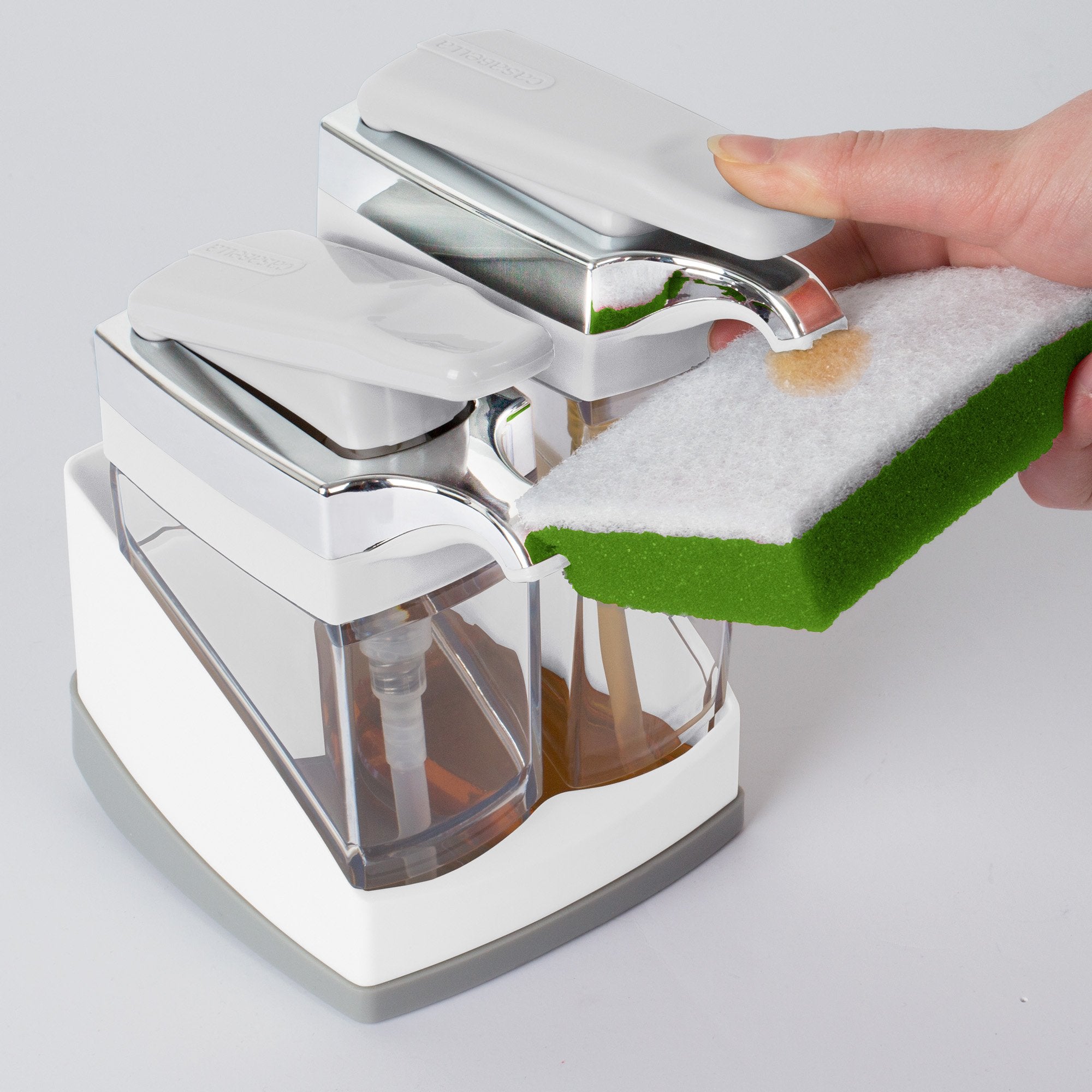 Casabella Sink Sider Duo enables one-handed soap dispensing.