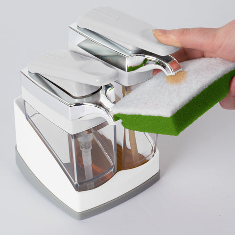 Casabella Sink Sider Duo enables one-handed soap dispensing.
