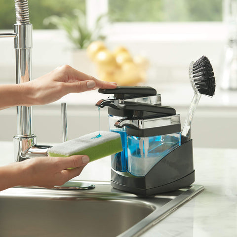 Casabella Sink Sider Duo compact edge-mounted organizer on sink.