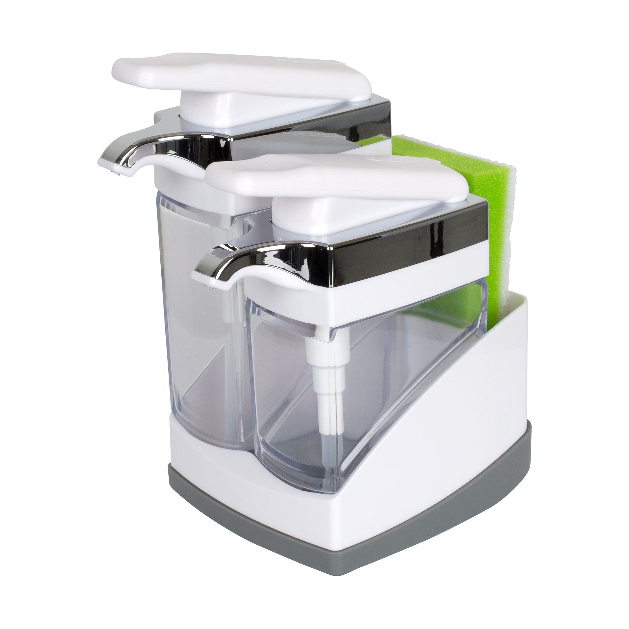 Casabella Sink Sider Duo with white chrome pumps for easy dish soap access.