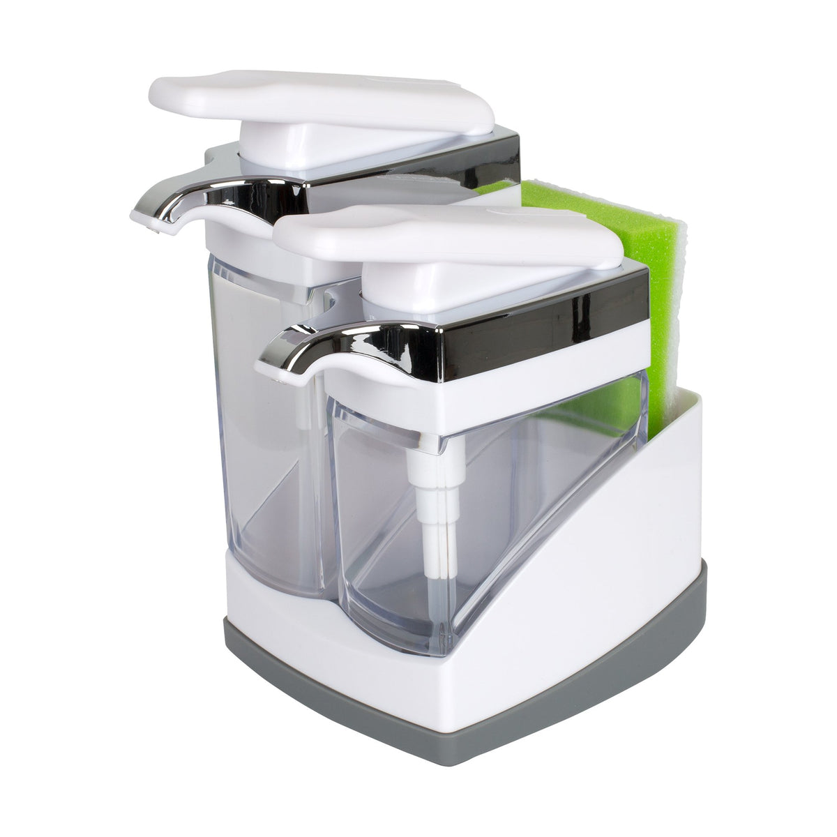 Casabella Sink Sider Duo with white chrome pumps for easy dish soap access.