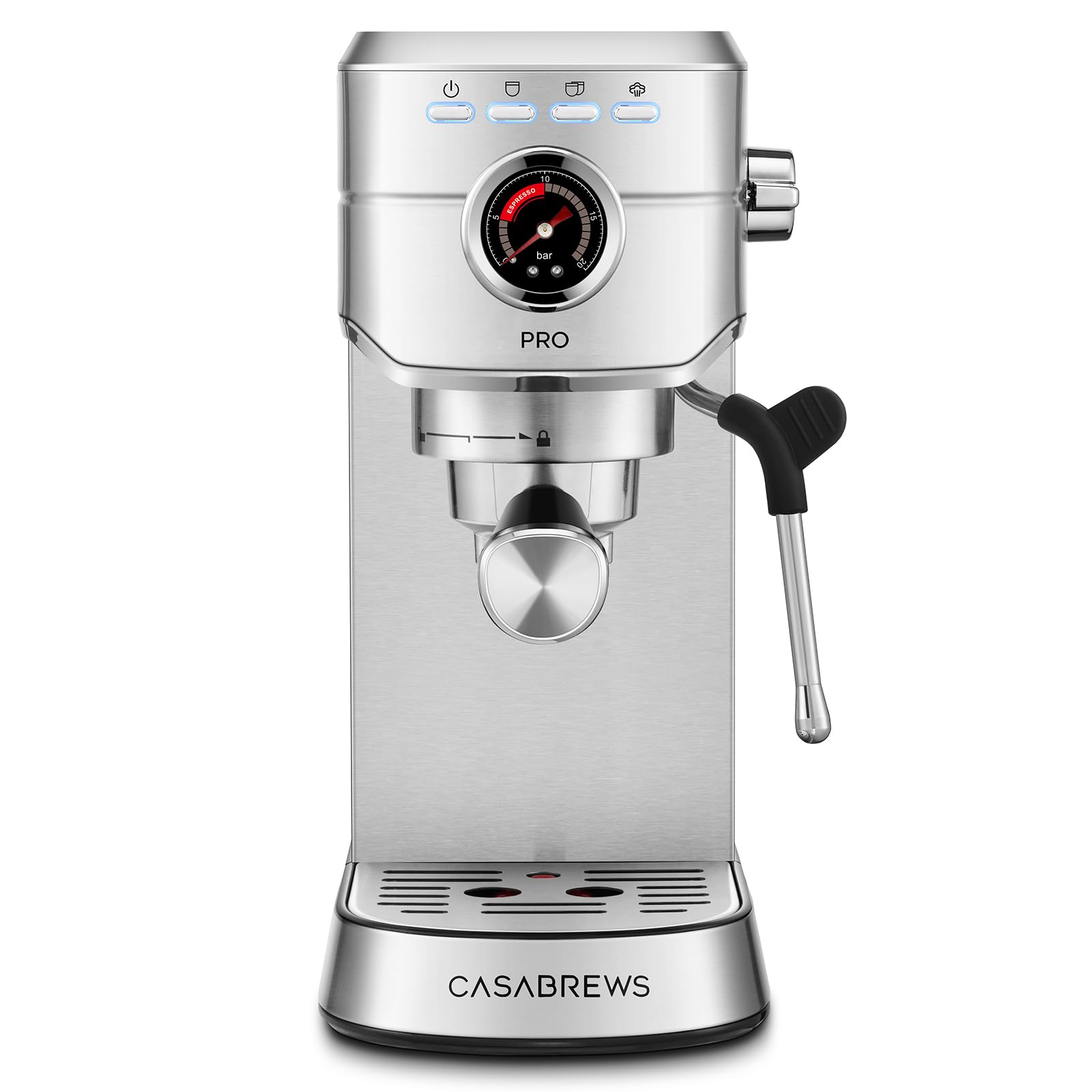 CASABREWS 5418 PRO front view showing sleek stainless steel housing for quick mornings