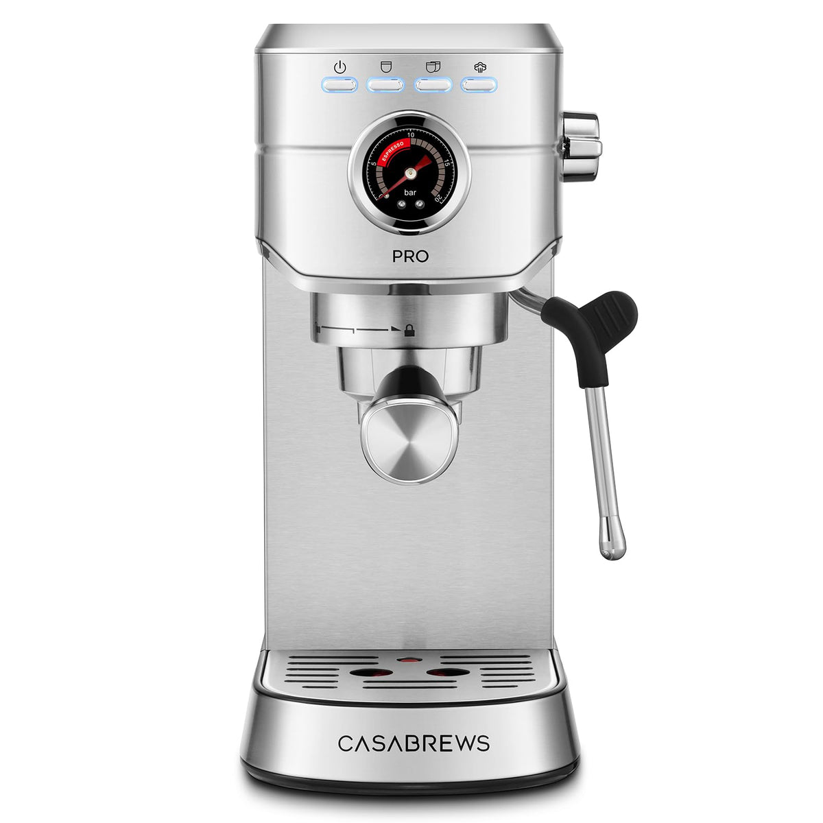 CASABREWS 5418 PRO front view showing sleek stainless steel housing for quick mornings