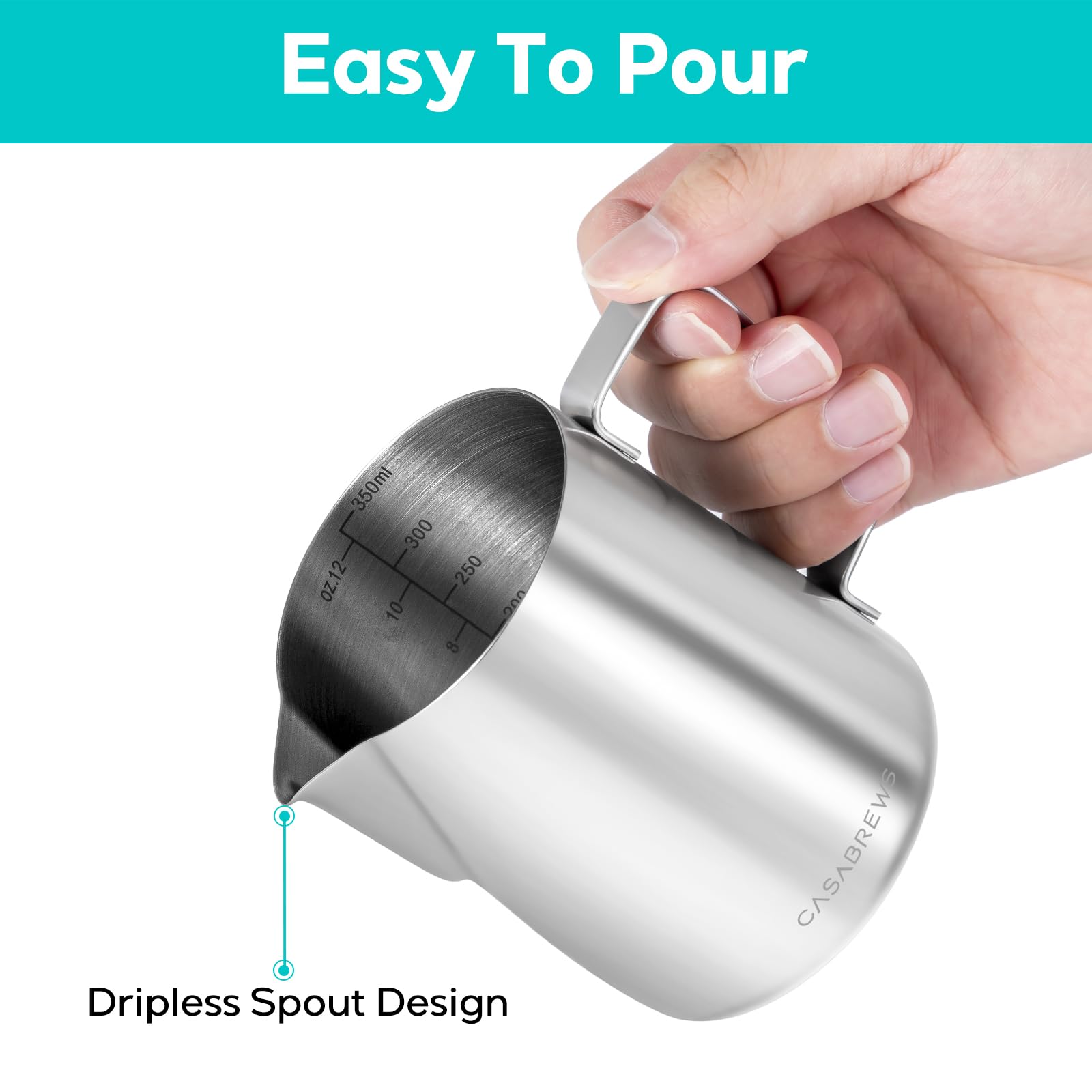 Ergonomic CASABREWS handle provides comfortable control while pouring