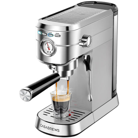 CASABREWS CM5418 front view espresso machine for home brewing and sleek stainless steel style.