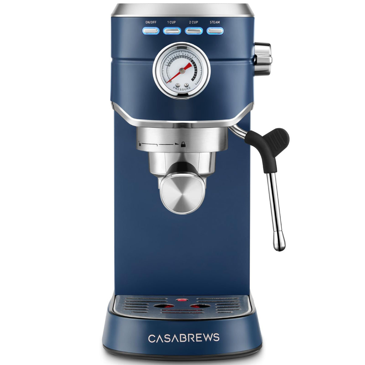 Casabrews espresso machine front view for stylish home brewing.