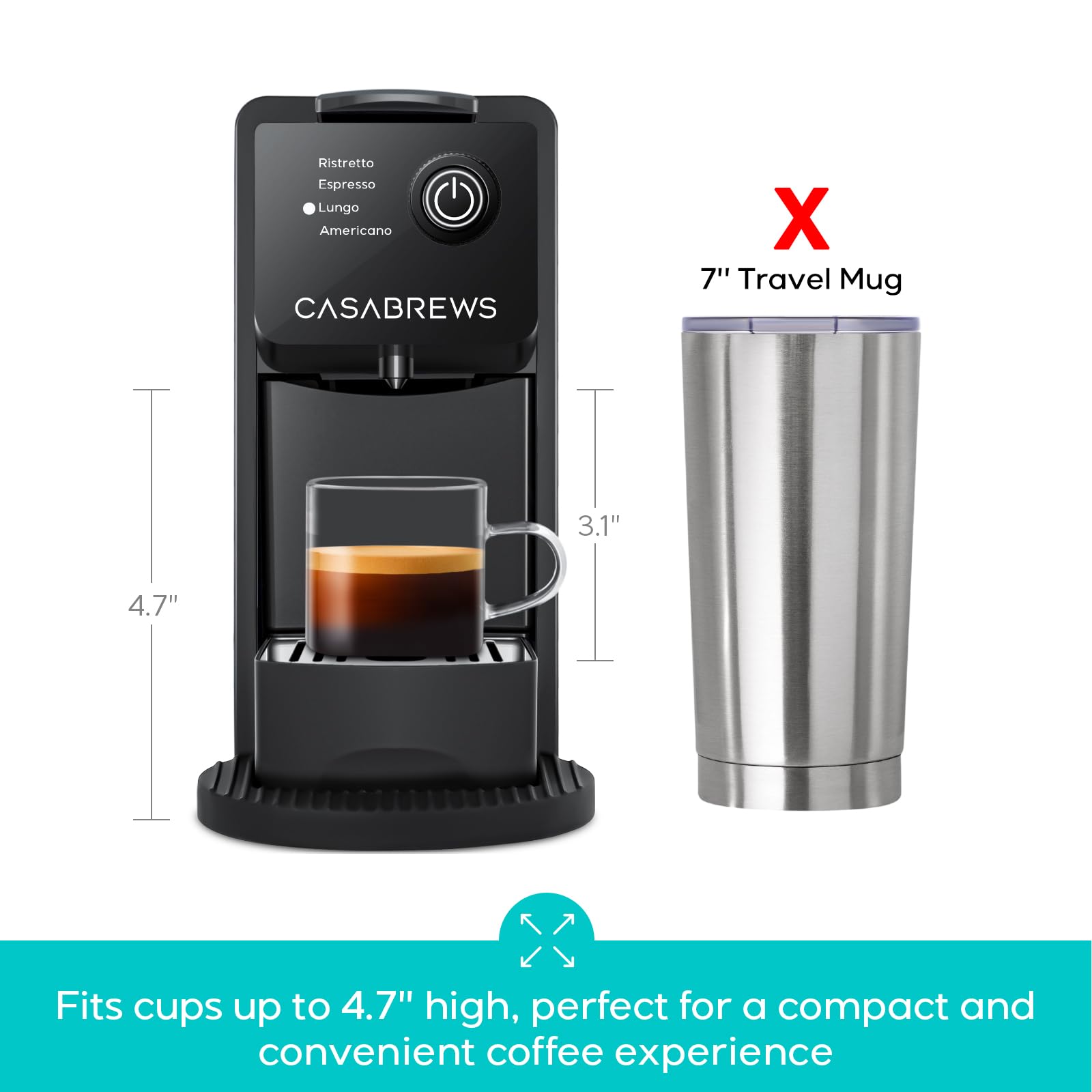 CASABREWS CM7036E adjustable cup support prevents splashes.