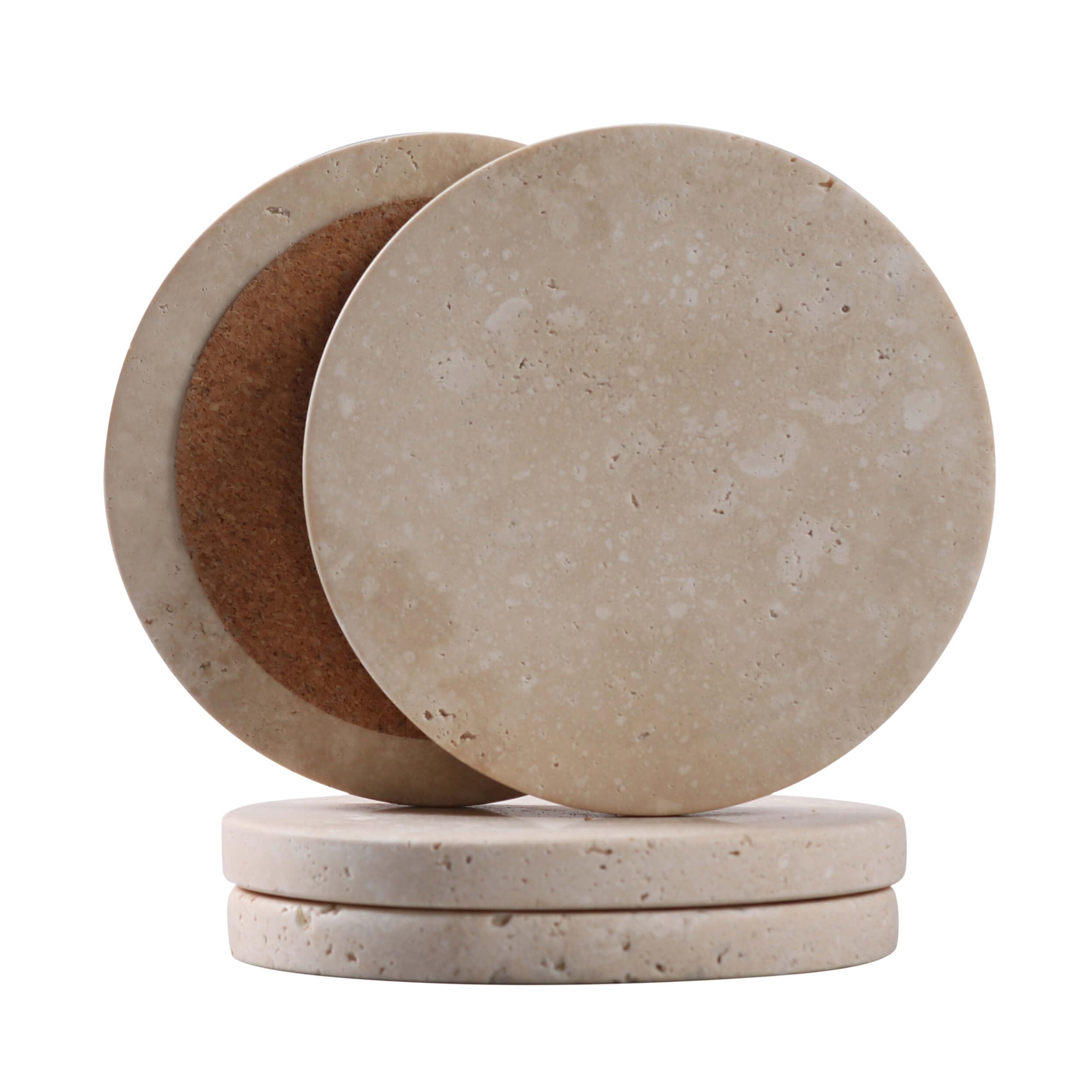 Casacouture travertine coaster close-up showing natural texture and heat protection.