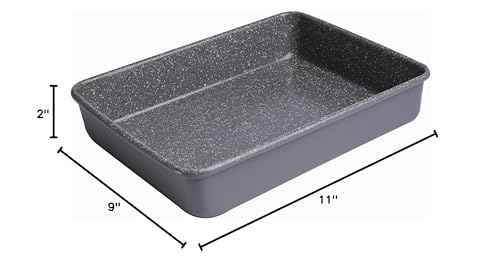 Casaware 11x9x2-inch baking pan fits toaster ovens and conventional ovens.