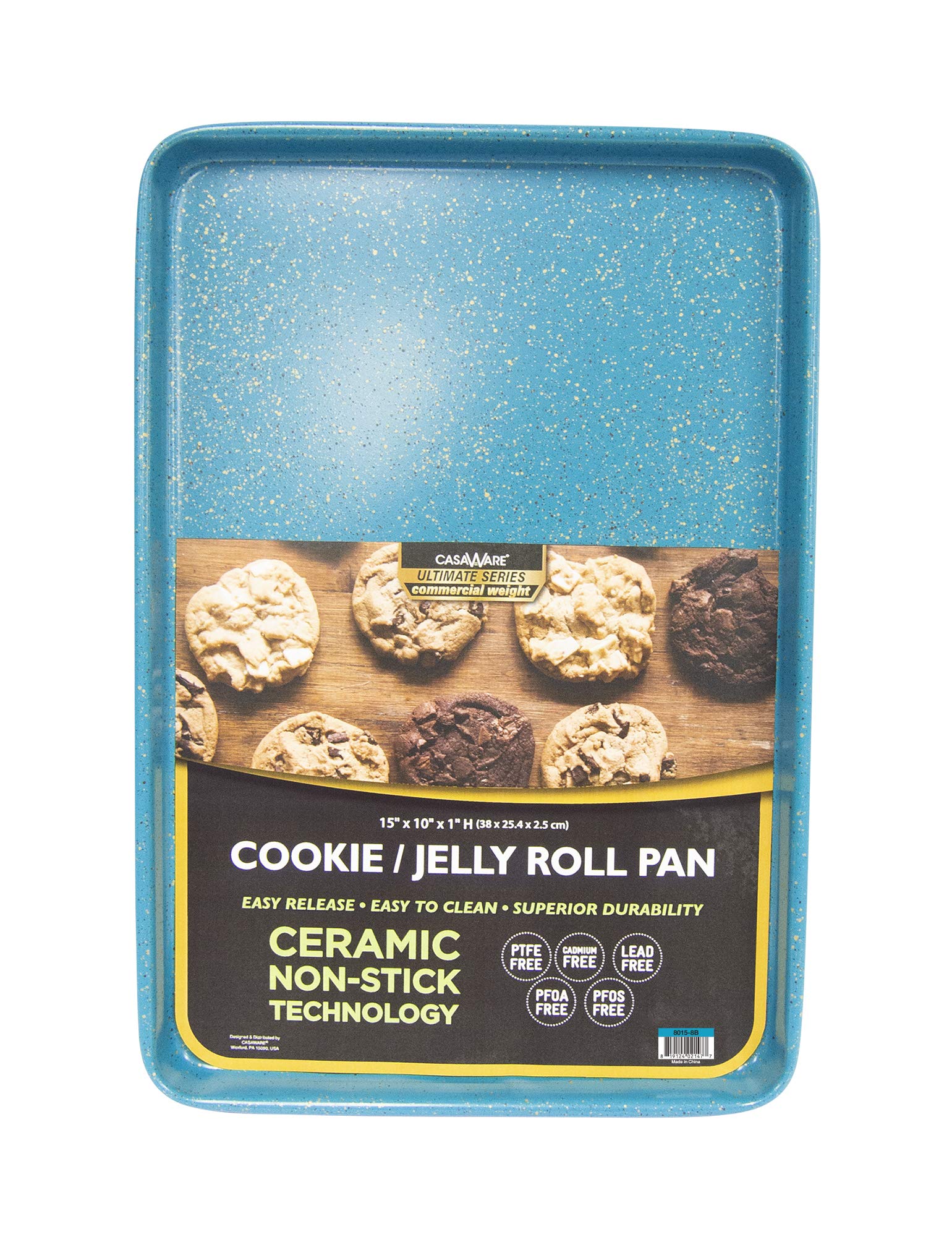 CasaWare Ultimate Series 15x10 cookie pan blue granite top view highlighting easy release