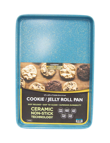 CasaWare Ultimate Series 15x10 cookie pan blue granite top view highlighting easy release