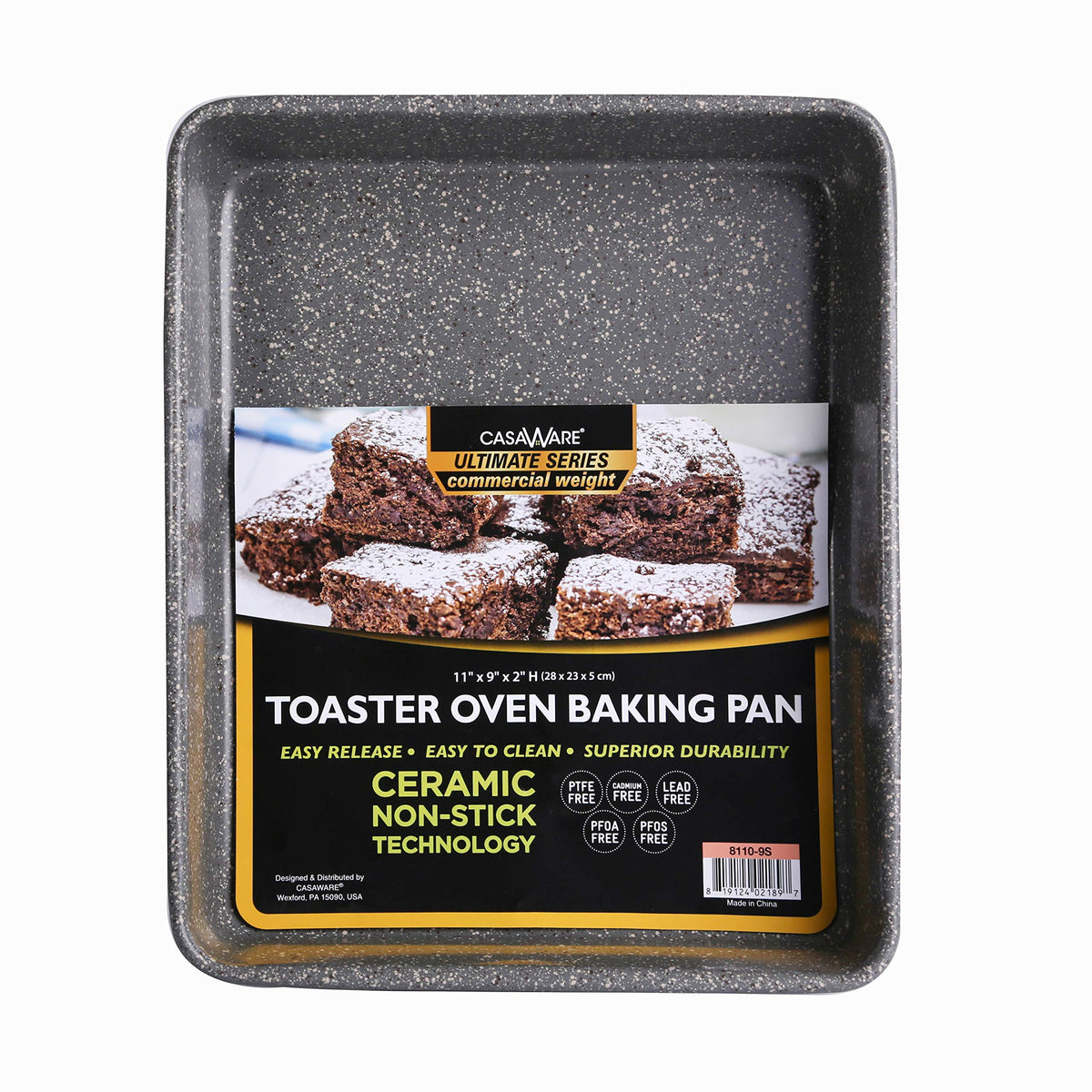 Casaware Ultimate Series toaster oven pan with silver granite ceramic coating for easy release.