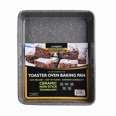 Casaware Ultimate Series toaster oven pan with silver granite ceramic coating for easy release.