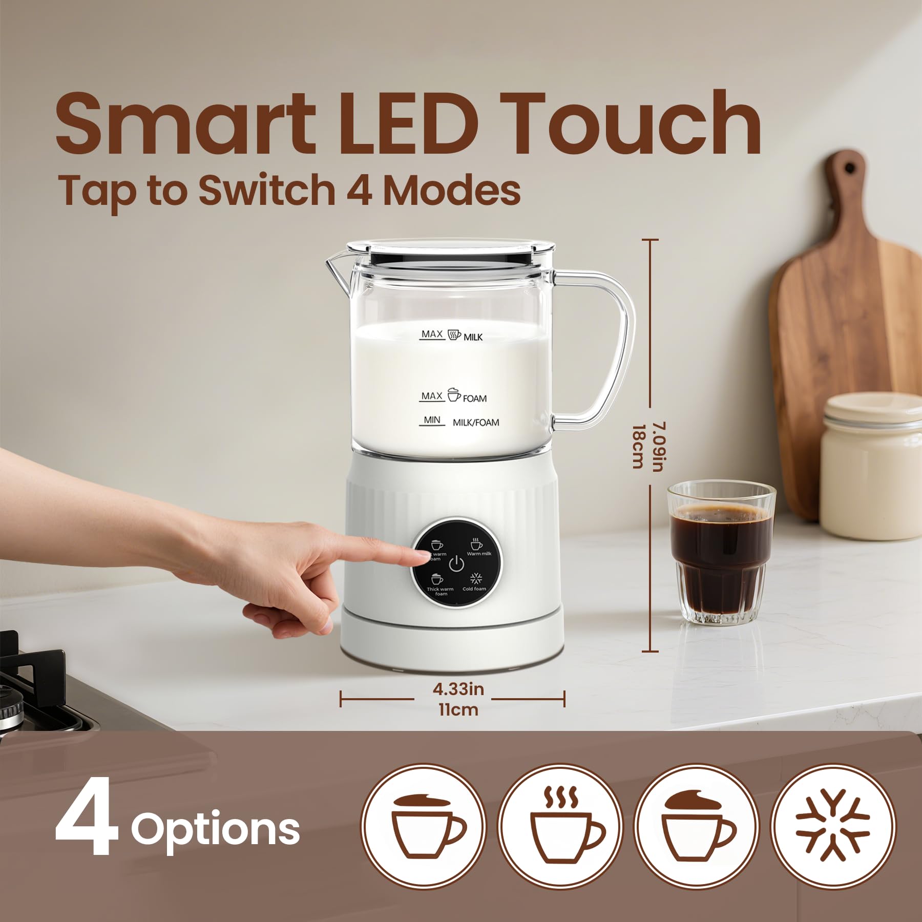 Casimhu 400ml capacity highlights quick, quiet frothing for busy mornings.
