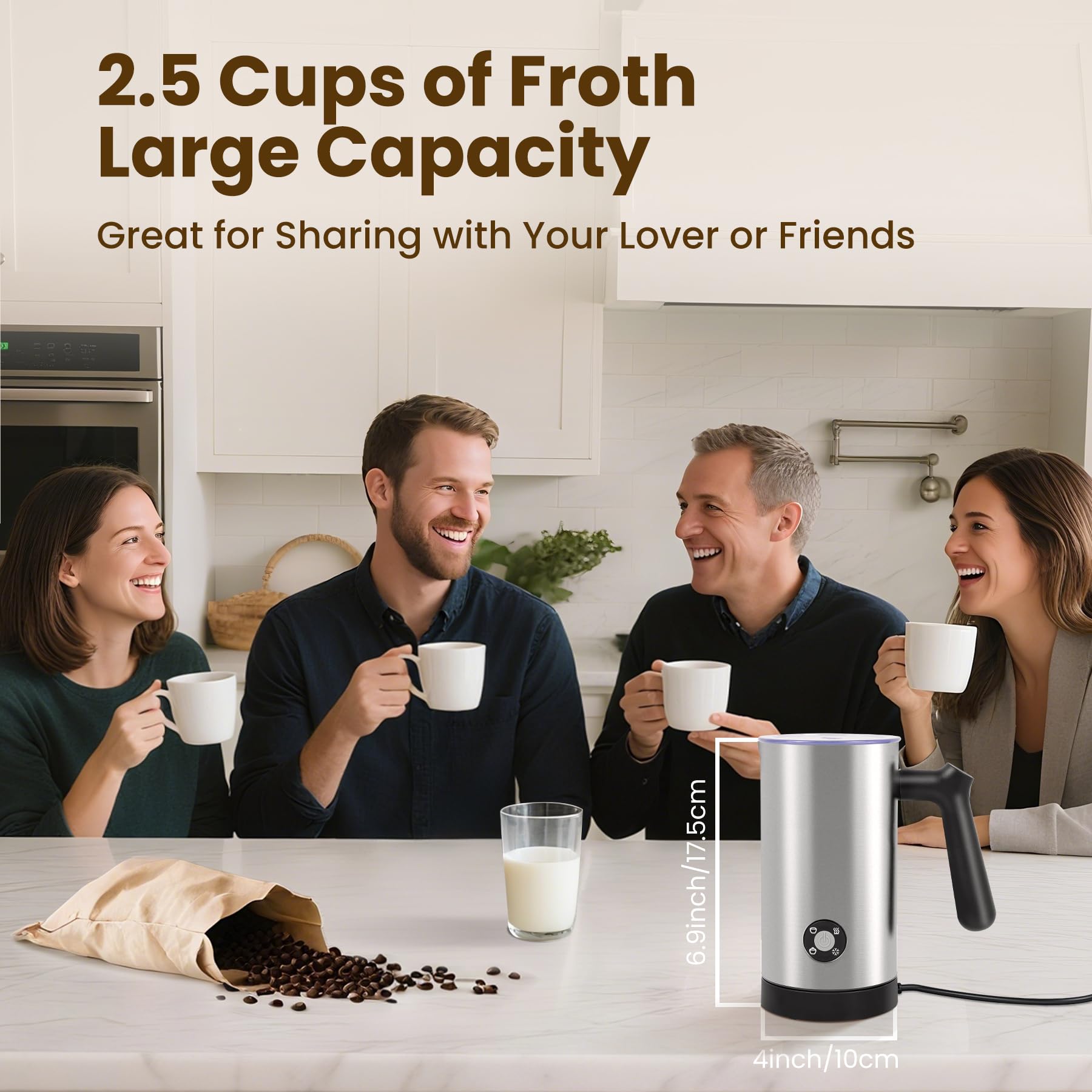 Casimhu milk frother holds up to 10.6 oz for multiple drinks