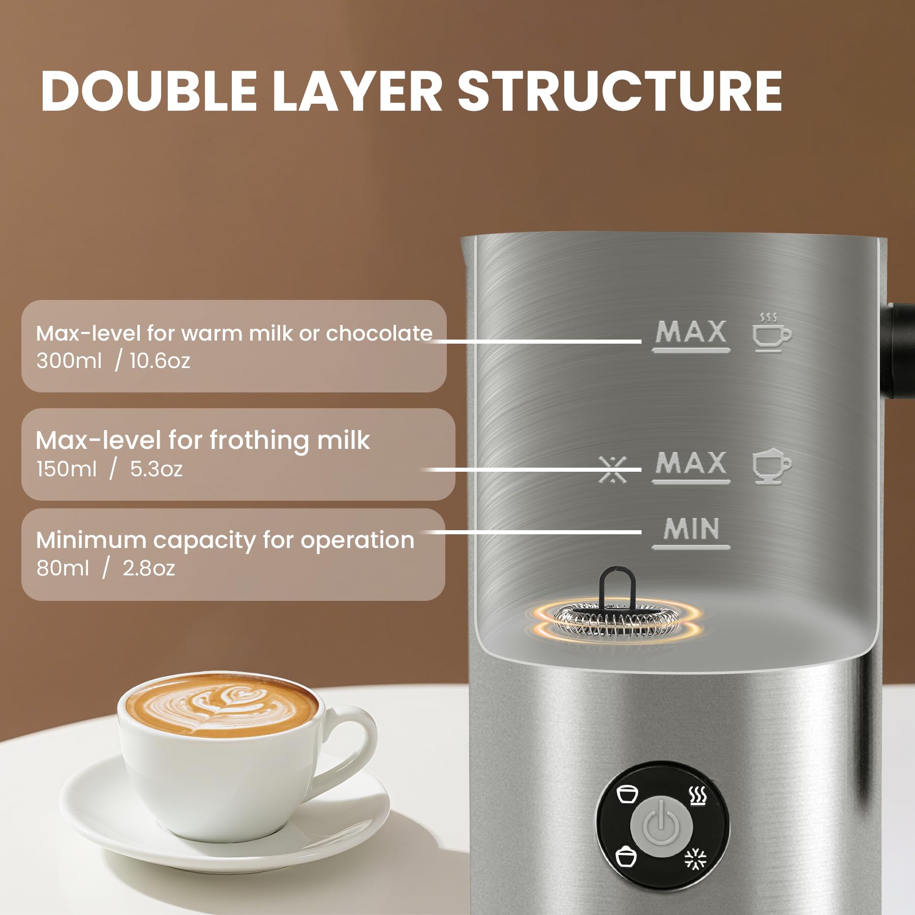 Casimhu milk frother with ceramic lining for easy cleaning