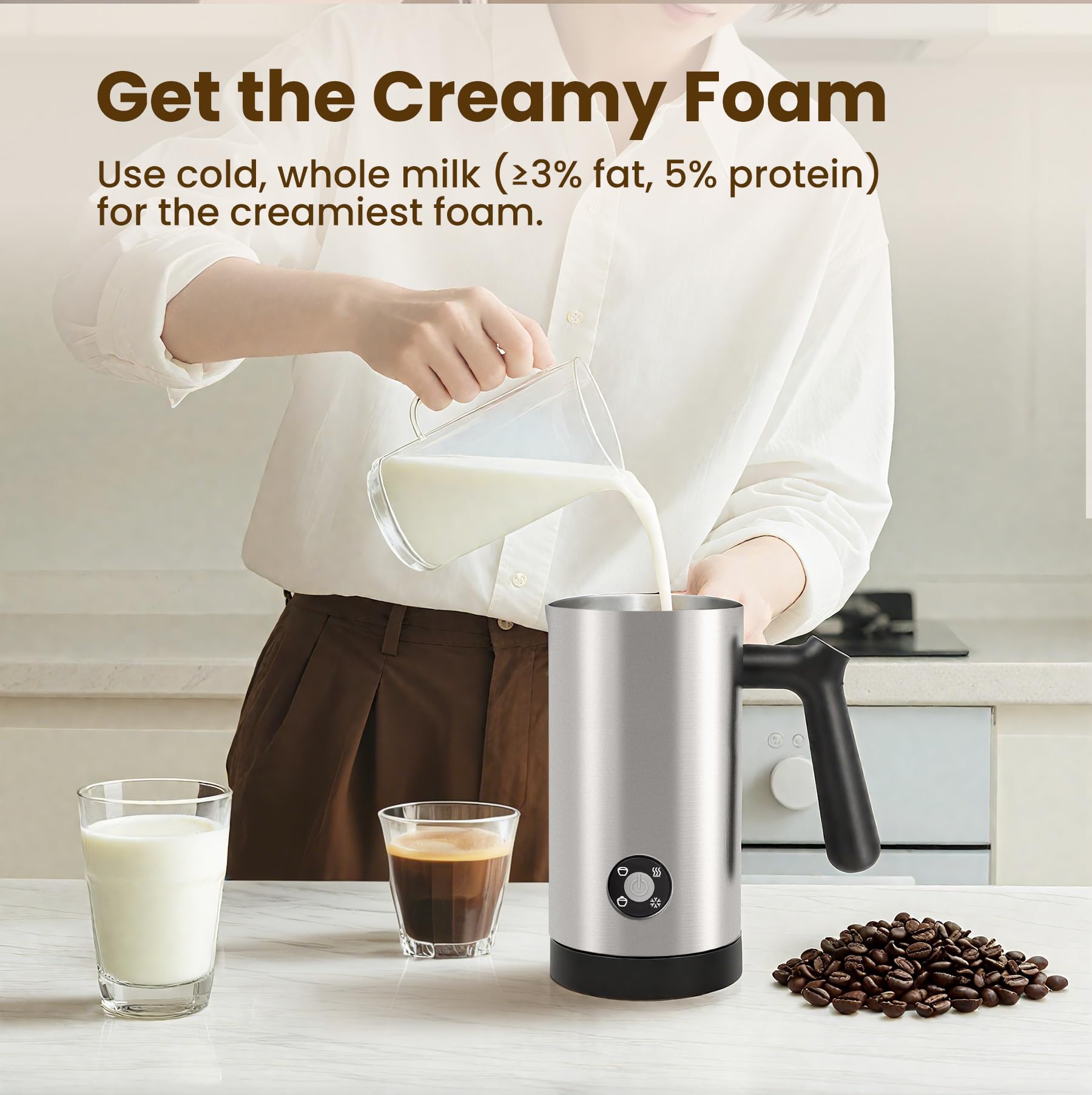 Casimhu milk frother shows foam types in action for cappuccinos