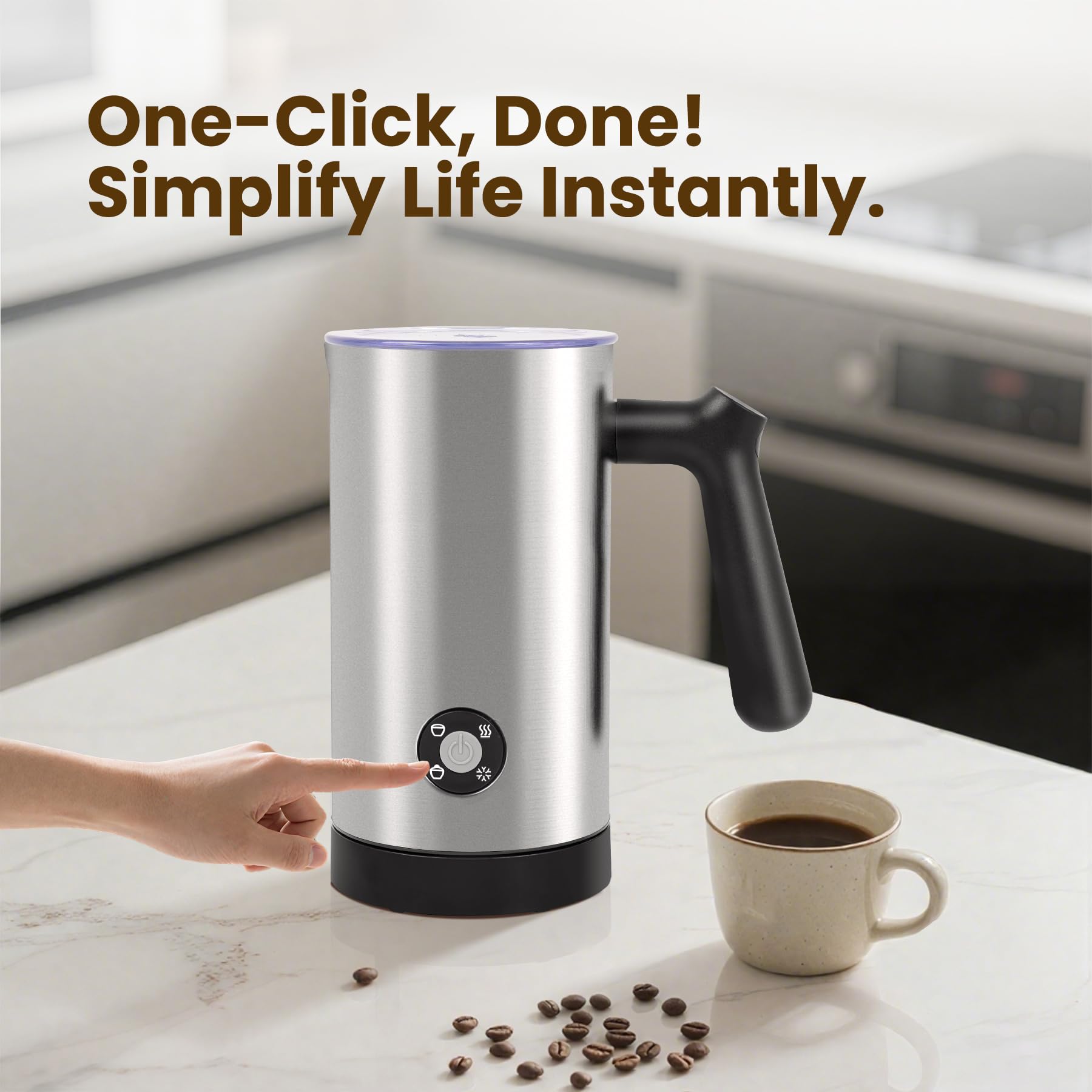 Casimhu milk frother demonstrates thick warm foam for lattes