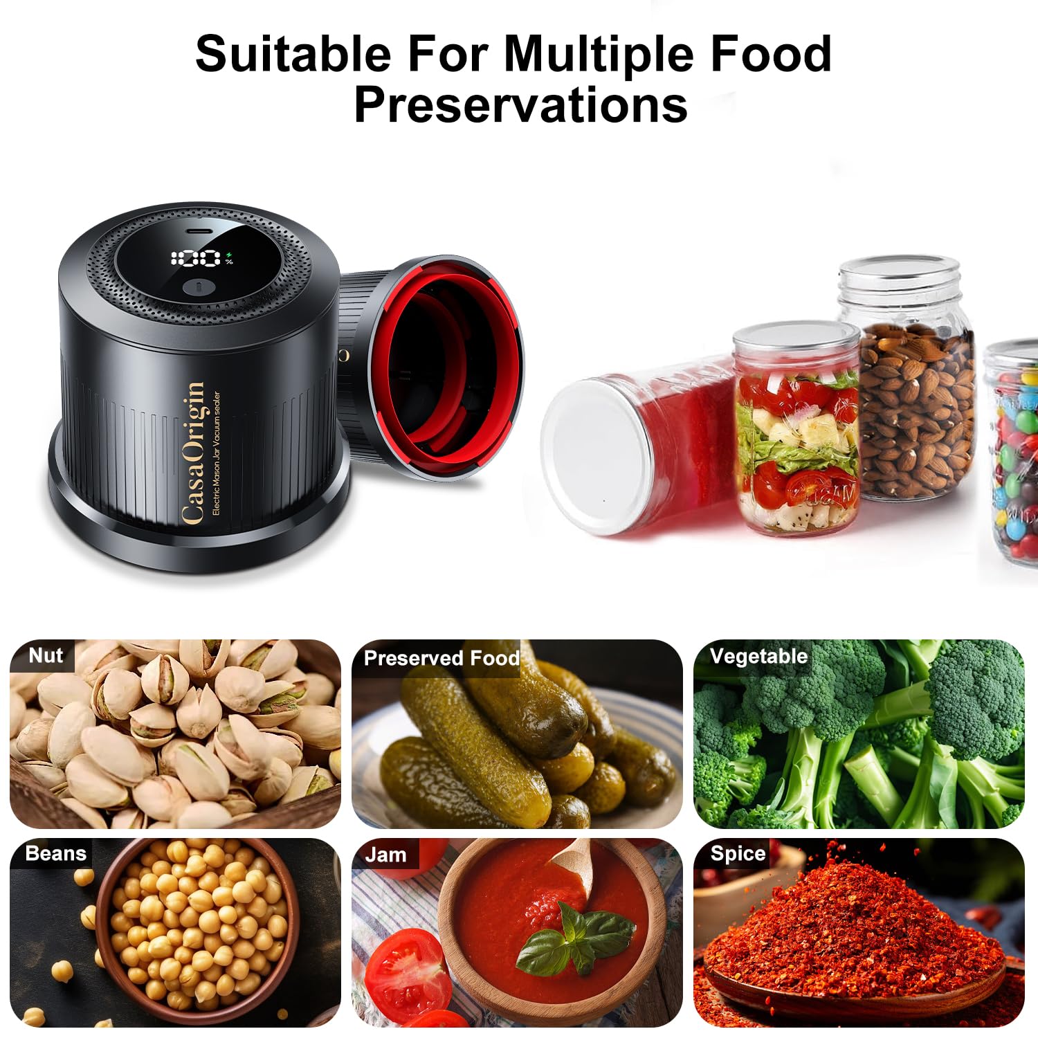 CASAORIGIN USB charging cable powers the jar sealer for cordless operation.
