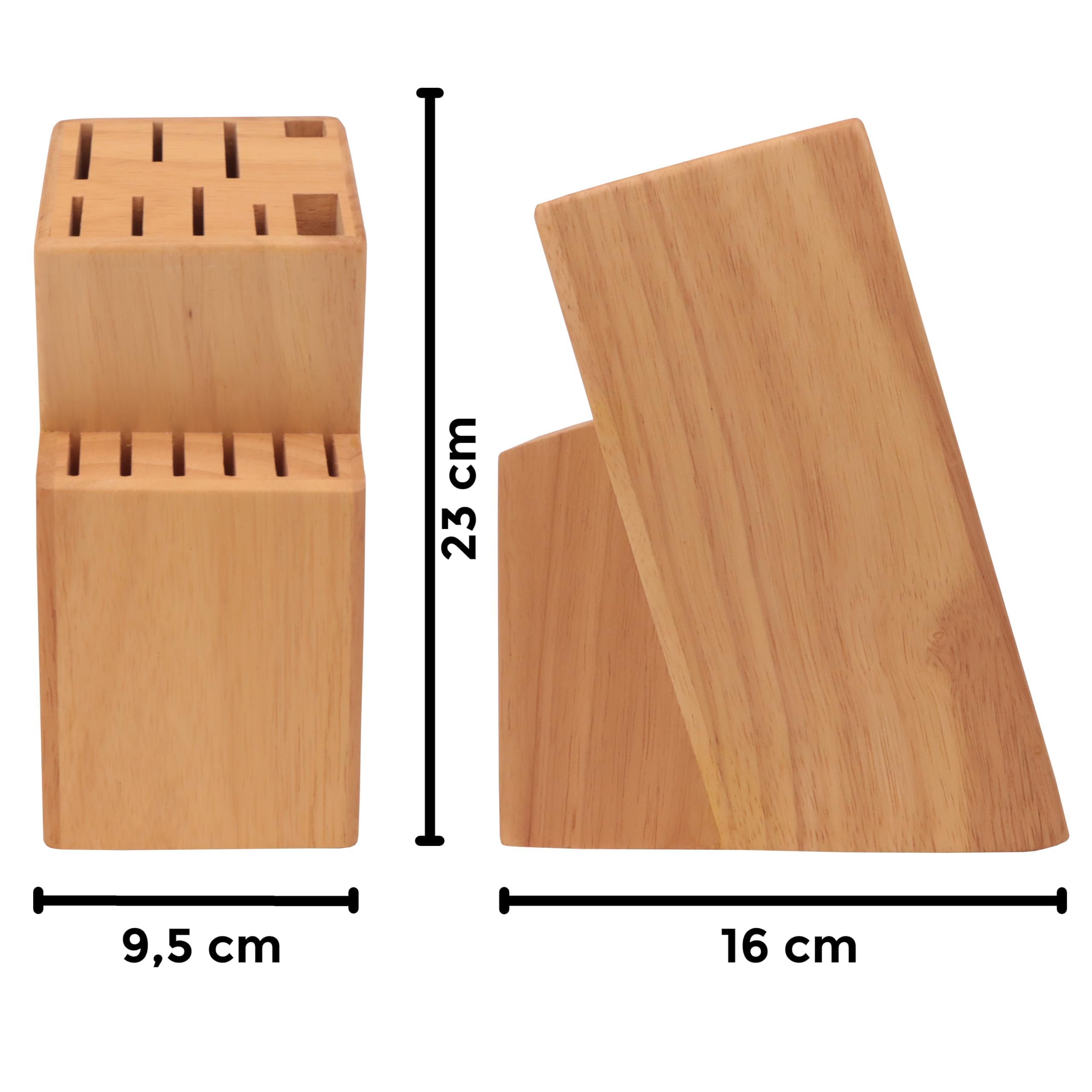 Cassary pine knife holder top view highlights slot layout for blades.