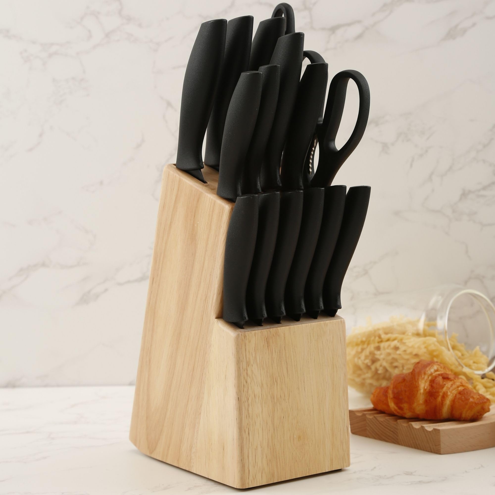 Cassary pine knife holder includes dedicated scissors slot.